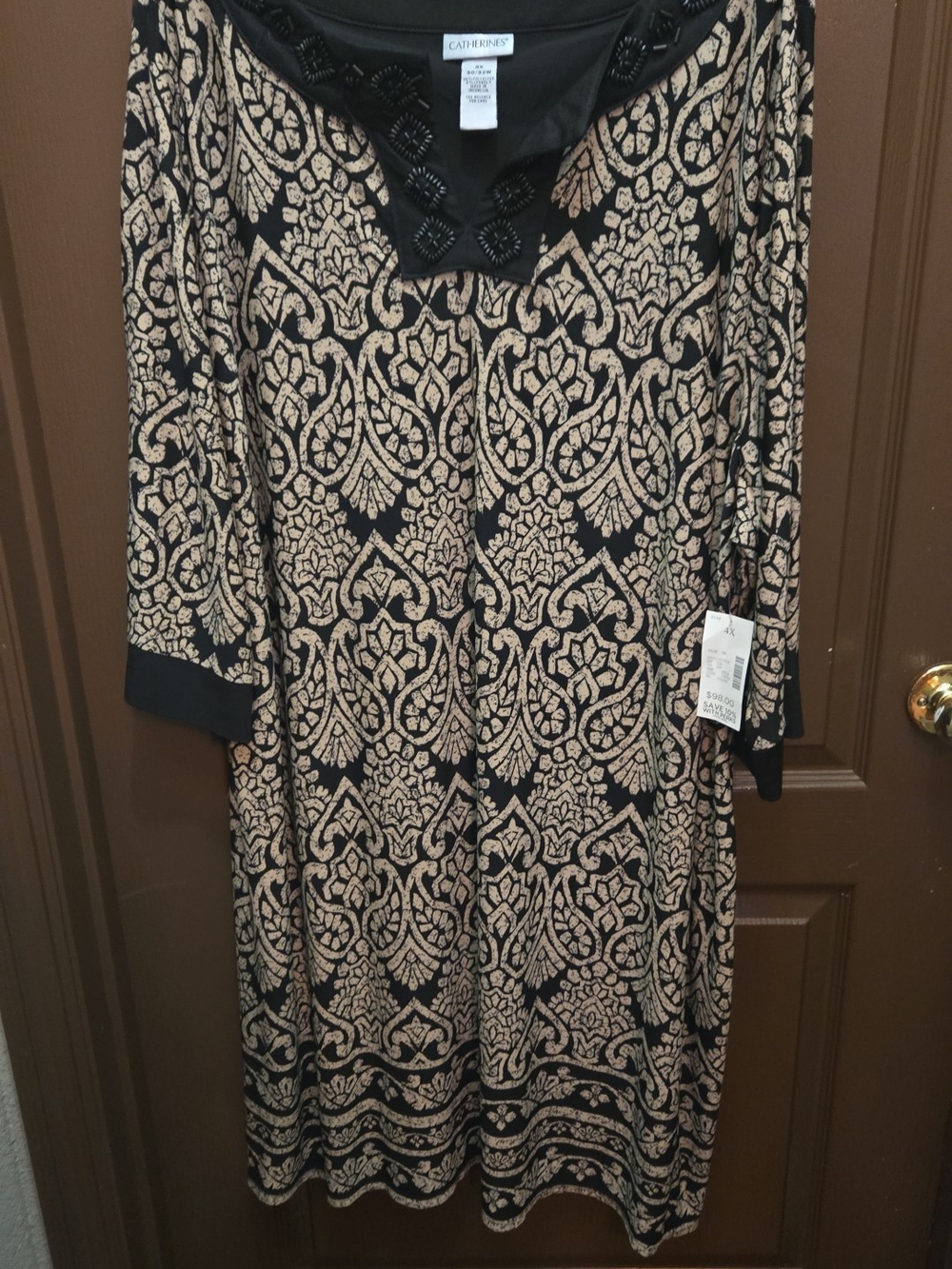 Catherines Black and Beige Patterned Long Sleeve Dress Embellished V-Neck 4x